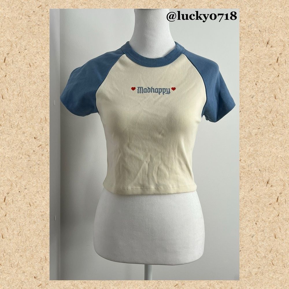 Madhappy EUC Cream and Light Blue Fitted Cropped Baseball “Baby”Tee Sz S